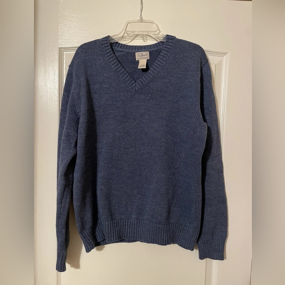 Vintage LL Bean 100% Cotton V Neck Pullover Sweater Blue Size L Preppy 90s EUC